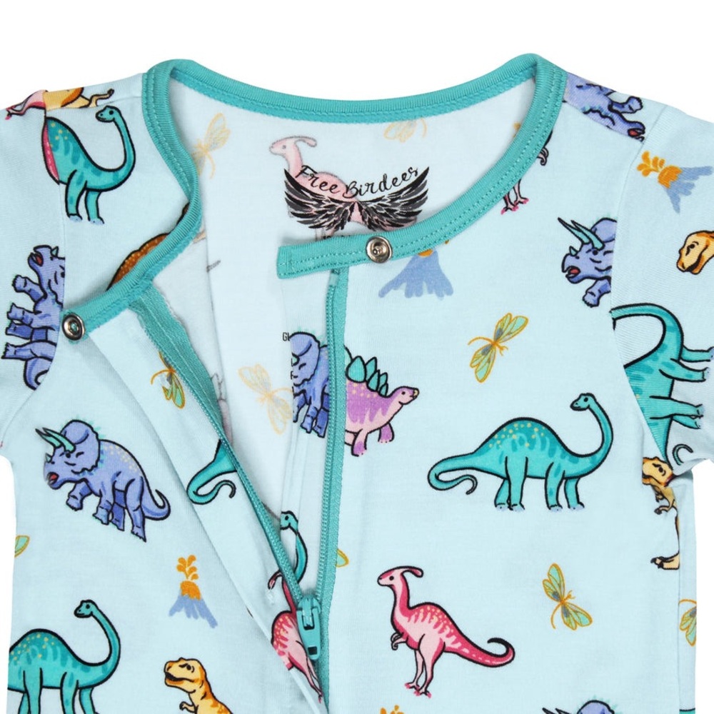 RAWR YOUR WORLD DINOS & DRAGONFLIES SHORT TWO-WAY ZIPPY ROMPER WITH FAUX BUTTONS - Picture 2 of 6